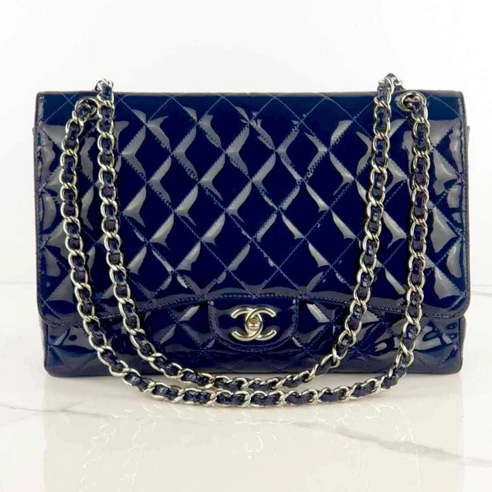 Chanel Navy Quilted Patent Leather Jumbo Maxi Bag - Picture 1 of 13
